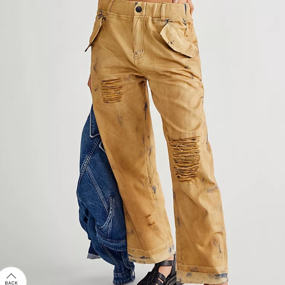Free People Distressed Wide-Leg Carpenter Pants in Tan with Paint Splotches